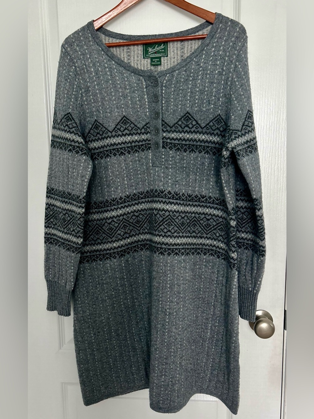 Woolrich Women’s XL Gray Fair Isle Wool Sweater Dress Nordic Lambswool Merino